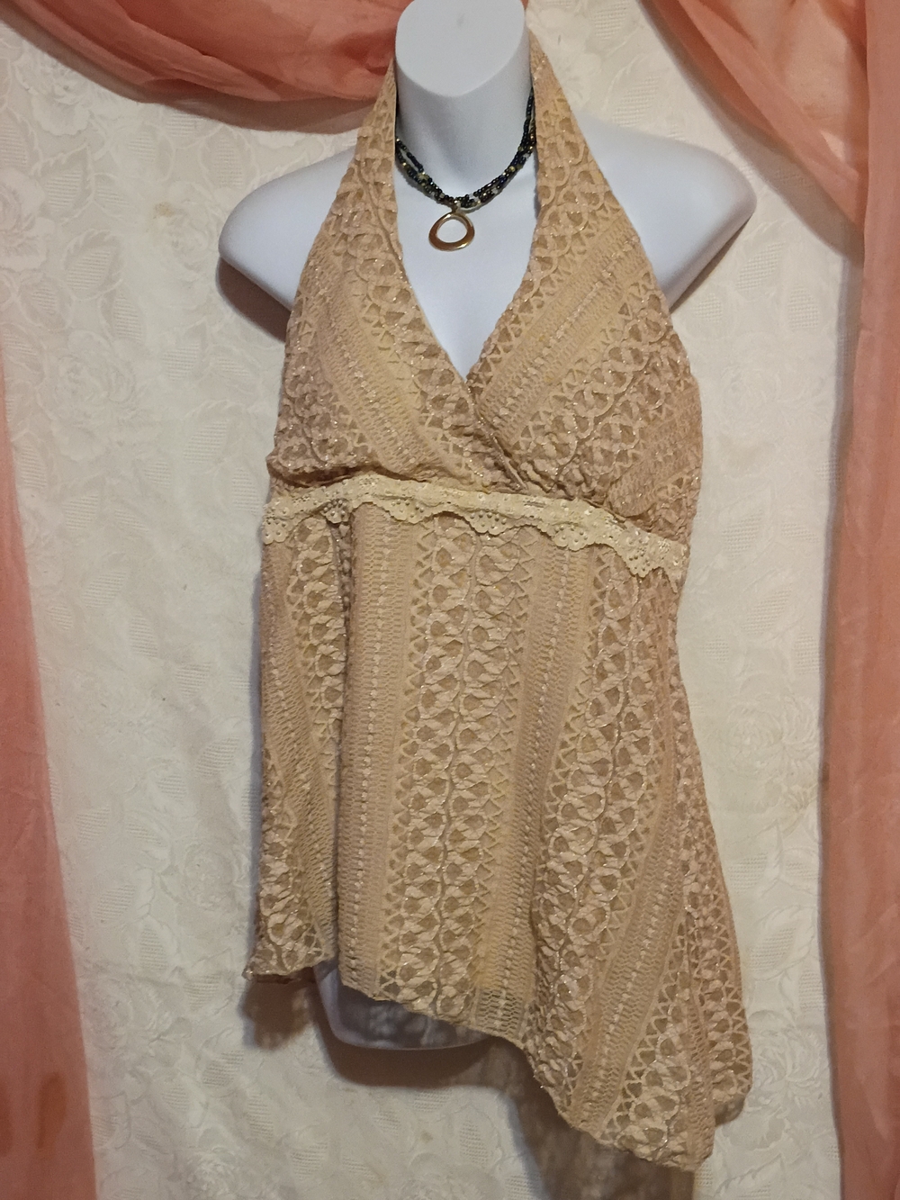 MKM Designs Ladies Beige Boho Crochet Halter Top Sz XL